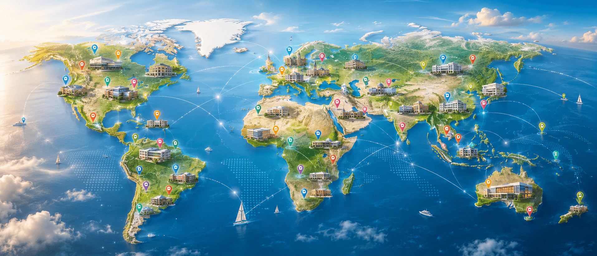 Illustrated global map connecting international schools