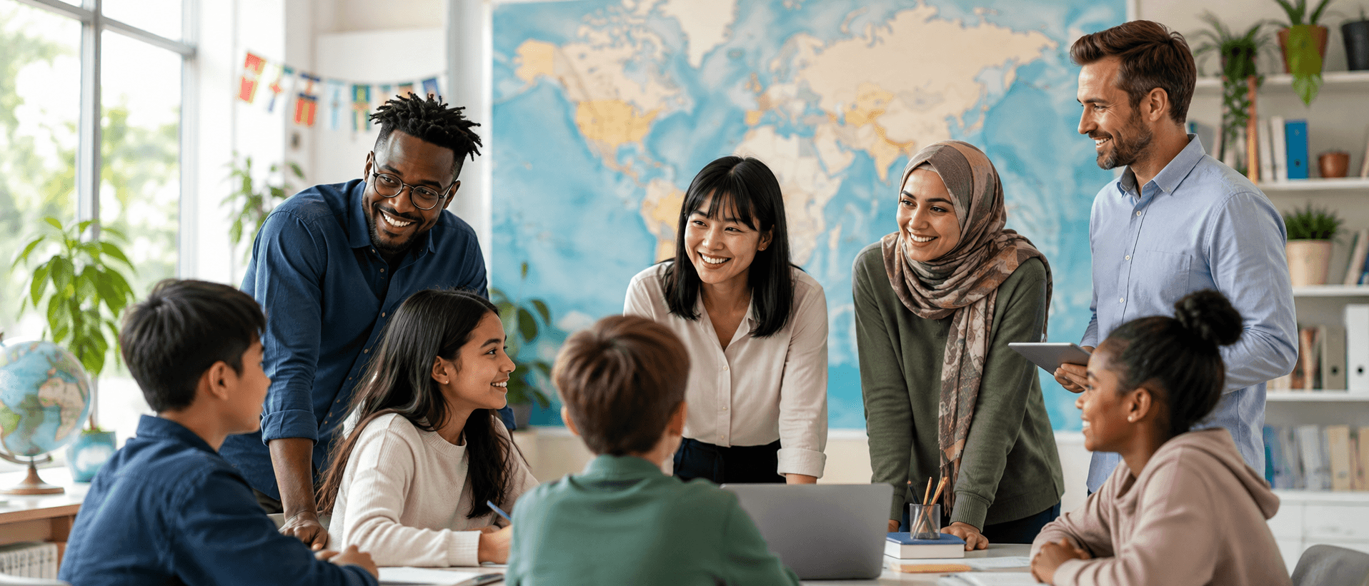 Teachers and students collaborating in an international classroom
